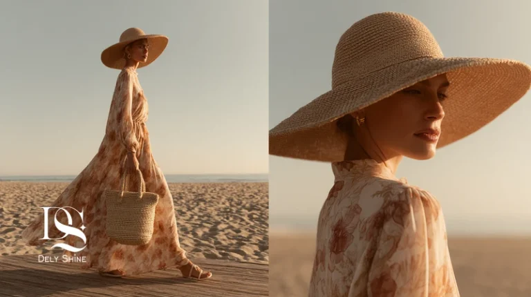 ست لباس ساحلی با کلاه حصیری و کیف رافیا/کنف در غروب ساحل؛ راهنمای دلی‌شاین برای توازن حجم، انتخاب کلاه و کیف و پالت رنگی تابستانی