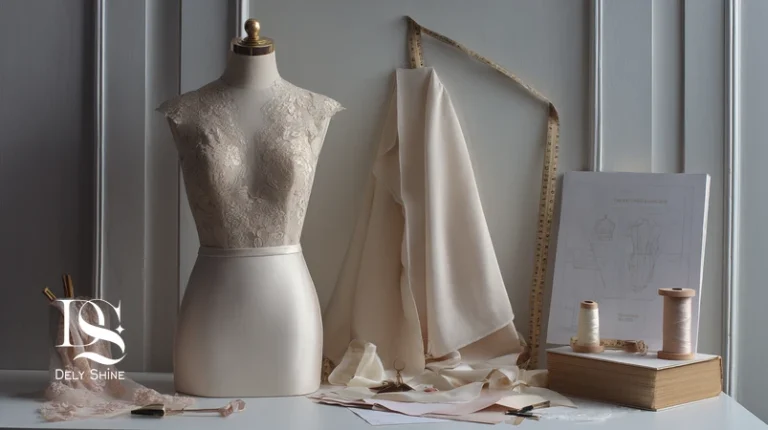 اینفوگرافیک تصویری فرآیند سفارشی‌دوزی در مزون دلی‌شاین؛ از مشاوره و اسکتچ تا انتخاب پارچه، الگو، پرو لباس، دوخت نهایی و کنترل کیفیت.