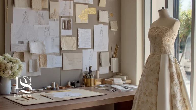 طراحی اختصاصی لباس عقد در مزون دلی‌شاین با اسکیس‌ها، سواچ‌های پارچه و پرو روی مانکن؛ مزون‌دوزی حرفه‌ای با فیت ایرانی و کیفیت دوخت بالا