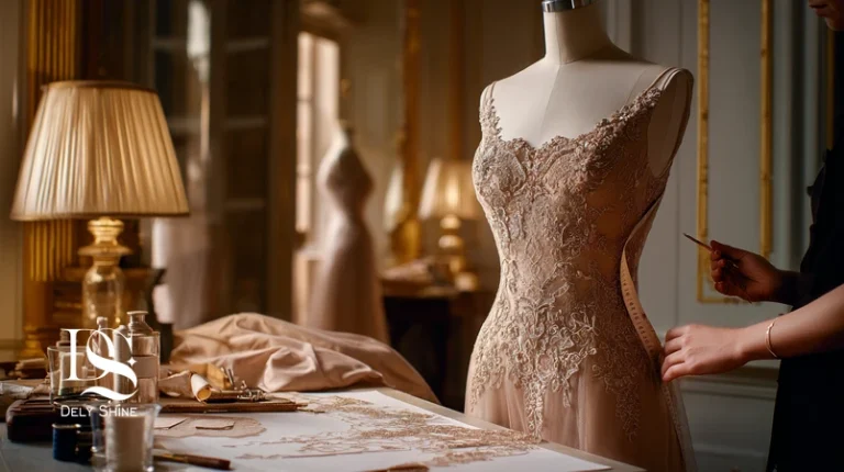 سفارشی‌دوزی دِلی‌شاین در حال پرو و اندازه‌گیری حرفه‌ای؛ تمرکز بر الگوی اختصاصی، دوخت مخفی و فیت کامل لباس مجلسی