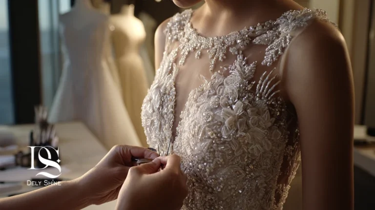 کلوزآپ سنگ‌دوزی و گلدوزی دستی لباس مجلسی با دوخت تمیز و پشت‌کار مرتب در مزون دلی‌شاین؛ نمایش جزئیات دست‌دوز حرفه‌ای با مروارید و کریستال.