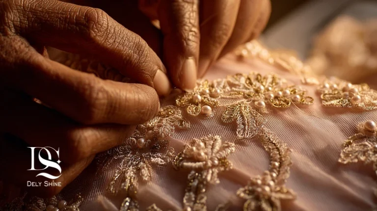 کلوزآپ دوخت دستی و دانتل فرانسوی روی لباس مجلسی زنانه دلی‌شاین با نور گرم