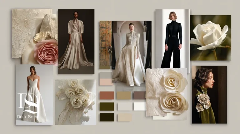 کلاژ مودبورد استایل‌های محبوب دلی‌شاین در پینترست: دامن ماکسی سیال، رز سه‌بعدی، مخمل نرم و پالت شامپاینی-نقره‌ای.