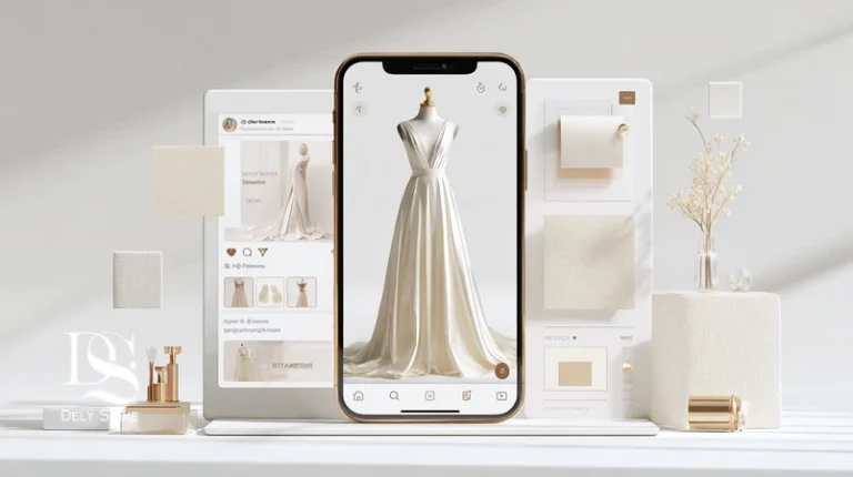 نمایه‌ای مینیمال از مد دیجیتال ۱۴۰۵ با گوشی، ریلز و پینترست در کنار فیگور لباس مجلسی؛ تحول الهام تا خرید در اینستاگرام و پینترست