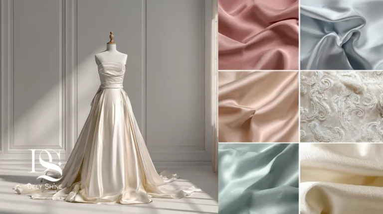 تصویر استودیویی از لباس نامزدی با سواچ‌های رنگی ترند ۲۰۲۶ شامل آیوری گرم، رز داستی، شامپانی، نقره مه‌آلود و پاستل سبز مریم بر روی بافت‌های ساتن، ابریشم، ارگانزا و کرپ.