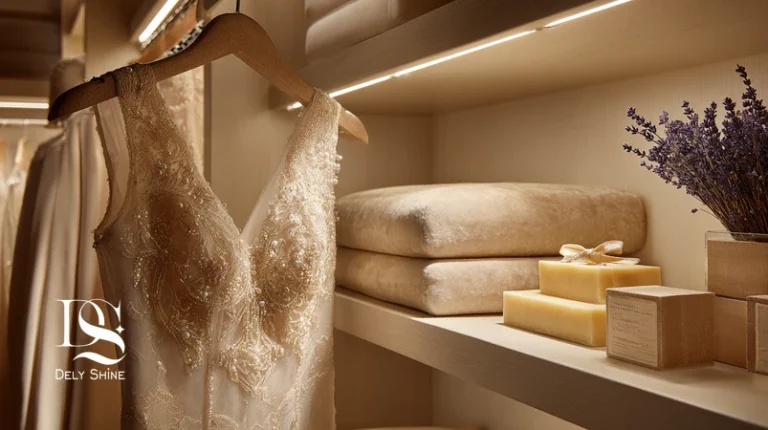 کمد لباس لوکس با لباس مجلسی دست‌دوز روی آویز استاندارد داخل کاور نفوذپذیر؛ راهنمای نگهداری لباس مجلسی دلی‌شاین