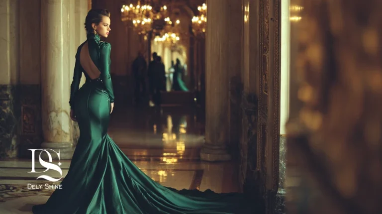 لباس مجلسی مرمید ساتن/کرپ برای مراسم رسمی ۲۰۲۶ با نور گرم و پس‌زمینه لوکس