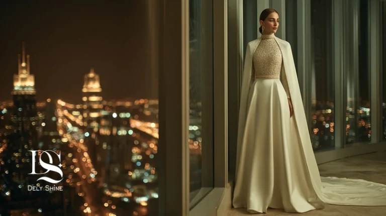 تصویر شاخص ترند لباس مجلسی ۲۰۲۶ با لباس ای‌لاین ساختاریافته آیوُری و یقه آرشال، جزئیات دست‌دوز مینیمال و پارچه ژاکارد متالیک رزگلد برای استایل شبانه ایرانی