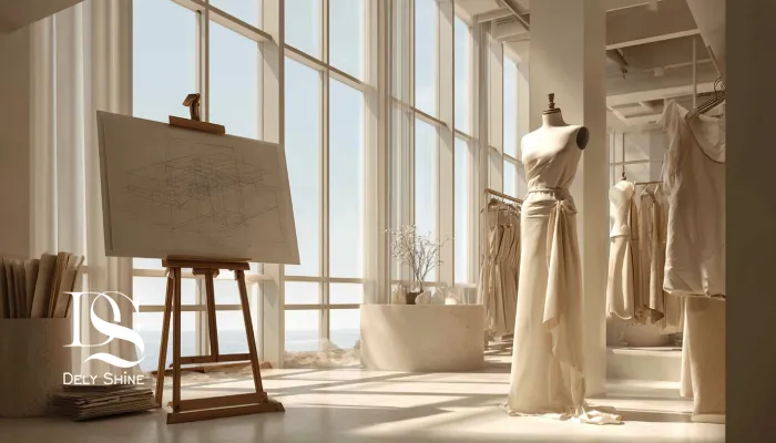 استودیو طراحی مد با پارچه‌های طبیعی و سبک مینیمال لوکس در نور طبیعی روز