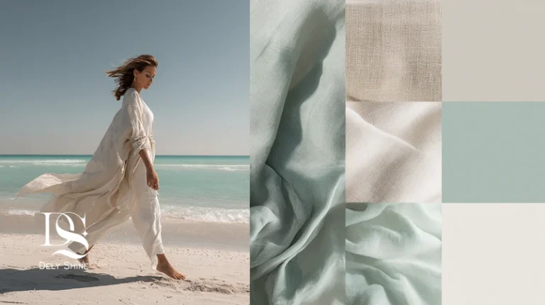 کلوزآپ پارچه‌های نخی سبک برای استایل ساحلی مدرن (cotton voile، lawn، gauze، linen-cotton blend و ویسکوز تابستانی) در کنار یک استایل ساحلی دلی‌شاین