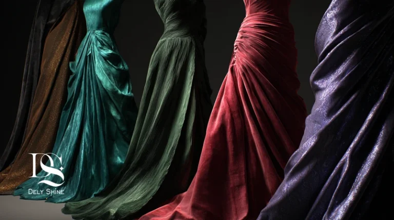 کلوزآپ بافت پارچه لباس مجلسی لوکس با ساتن، ژاکارد، ارگانزا و میکادو در کنار لباس در حال حرکت؛ راهنمای انتخاب پارچه و دراپ