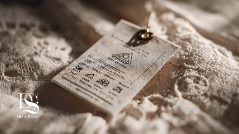 تصویر ماکرو از برچسب مراقبت لباس با نمادهای شست‌وشو، نمادهای اتوکشی و خشکشویی حرفه‌ای روی پارچه دانتل و حریر؛ راهنمای معنی علائم برچسب لباس دلی‌شاین