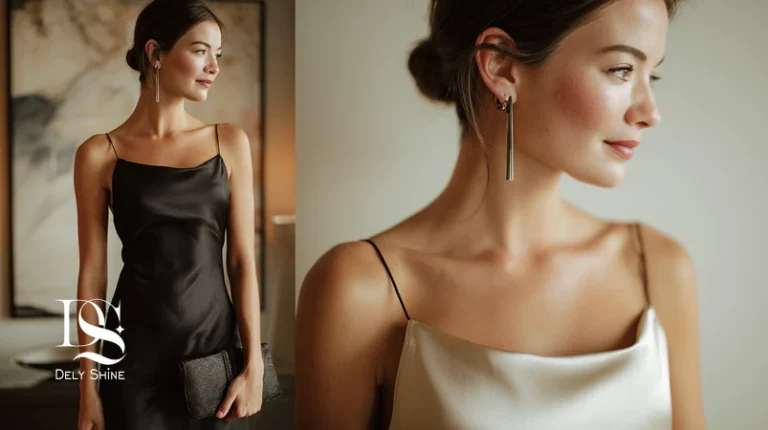 تصویر استایل مینیمال مهمانی با لباس بدون اغراق، پالت رنگ خنثی و یک اکسسوری استیتمنت؛ الهام از کمینه‌گرایی در دِلی‌شاین