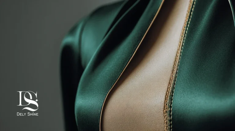 ترکیب پارچه براق و مات در لباس شب مزون‌دوز؛ جزئیات دوخت دقیق در مرز ساتن و کرپ با پس‌زمینه خنثی