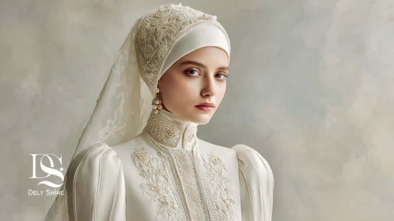 عروس با لباس عقد کرم مرواریدی با ترکیب استایل مدرن و سنتی، جزئیات گیپور فرانسوی و مرواریددوزی، نور نرم و بک‌گراند مینیمال — مزون‌دوزی دلی‌شاین.