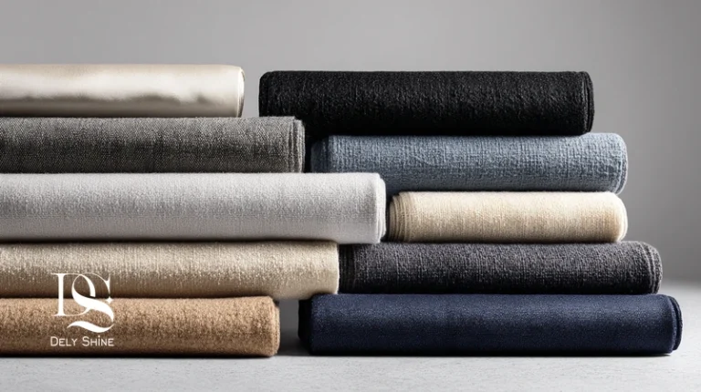 عکس استودیویی رول‌های پارچه‌های طبیعی و مصنوعی کنار هم؛ مقایسه لمس و بافت برای لباس زنانه؛ راهنمای تفاوت پارچه‌ها در دلی‌شاین