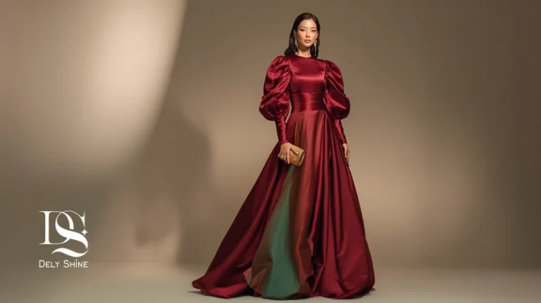 استایل فرش قرمز الهام از سلبریتی‌ها با لباس مجلسی ایرانی؛ تنه ساتن، آستین ارگانزا و دامن کرپ، اکسسوری مینیمال