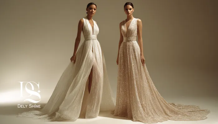 لباس عقد سفید مینیمال در کنار لباس شب درخشان با نور طلایی و فضایی فاخر