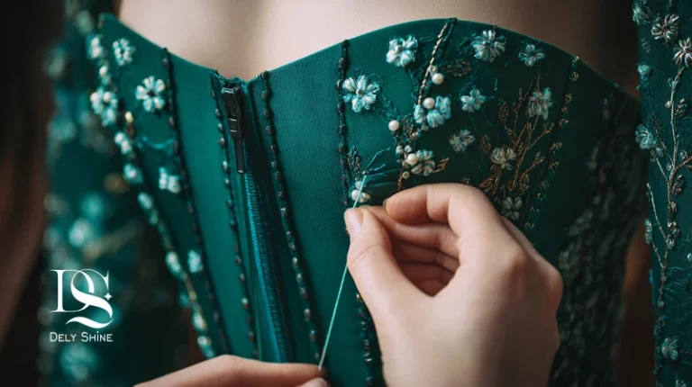 کلوزآپ کیفیت دوخت لباس مجلسی؛ بخیه یکنواخت، لبه‌دوزی تمیز، زیپ مخفی باکیفیت و آستر استاندارد — راهنمای تشخیص لباس باکیفیت