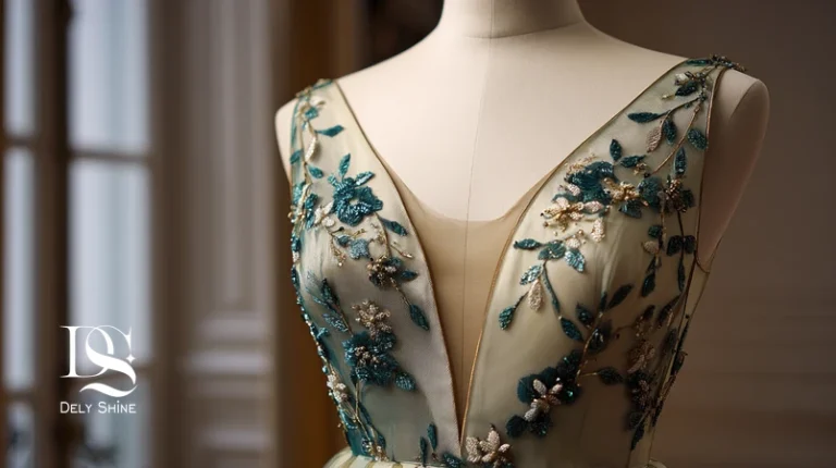 تصویر شاخص لباس مجلسی با یقه مناسب، برش پرنسسی و کار دست ظریف مرواریددوزی و سرمه‌دوزی؛ نمونه‌ای از دوخت تمیز و دیزاین سیستم مینیمال