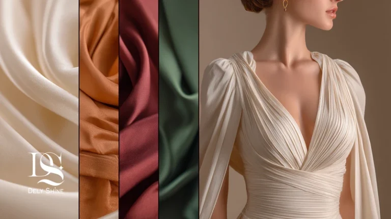 کلوزآپ بافت پارچه لباس مجلسی ترند 2026 شامل کرپ، ساتن، میکادو، مخمل، ارگانزا و دانتل با نور یکدست برای انتخاب حرفه‌ای در دلی‌شاین