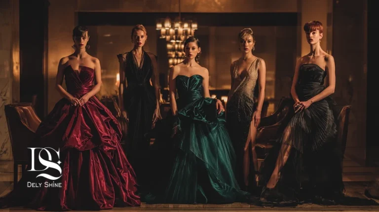 پالت رنگ‌های ترند لباس شب: قرمز عمیق، سبز زمردی، آبی نفتی، مشکی براق و شامپاین متالیک روی مخمل، ارگانزا و کرپ مَت
