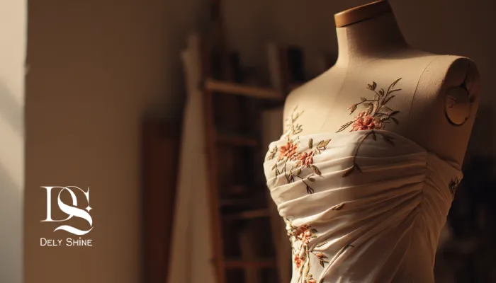 نمای پشت لباس مجلسی روی استند با جزئیات لطیف.