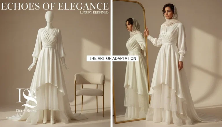 مقایسه ترند لباس مجلسی با فیت مناسب بر اساس فرم بدن؛ مدل ایرانی کنار آینه در فضای مینیمال لوکس