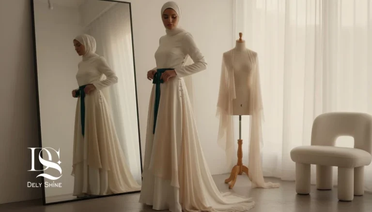 مدل ایرانی در حال تنظیم کمر لباس مجلسی کنار آینه؛ تصویر مرتبط با تغییر سایز بدن و انتخاب لباس با فیت منعطف