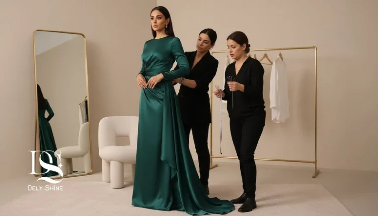 پشت صحنه استایلینگ سلبریتی با استایلیست و فیتینگ لباس مجلسی؛ نشان دادن نقش تیم، دوخت و اصلاحات در استایل فرش قرمز