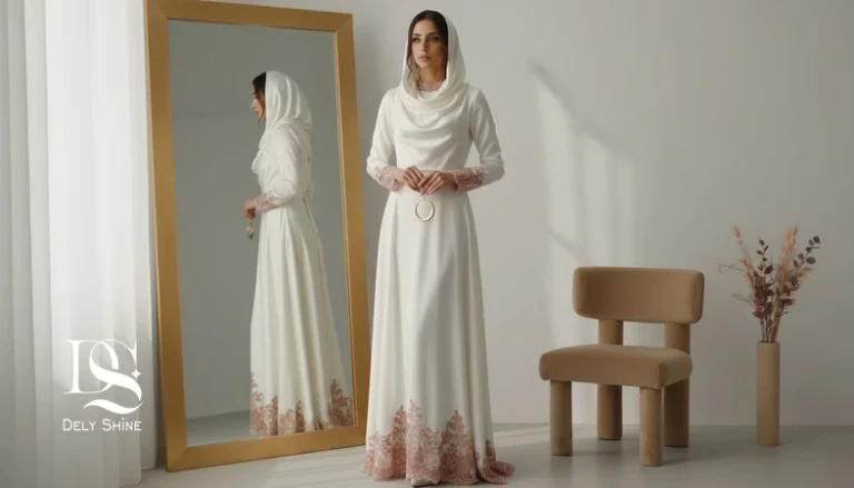 انتخاب لباس برای مراسم‌های احساسی؛ مدل ایرانی با لباس مجلسی مینیمال و پارچه ساتن با جزئیات ظریف در فضای روشن