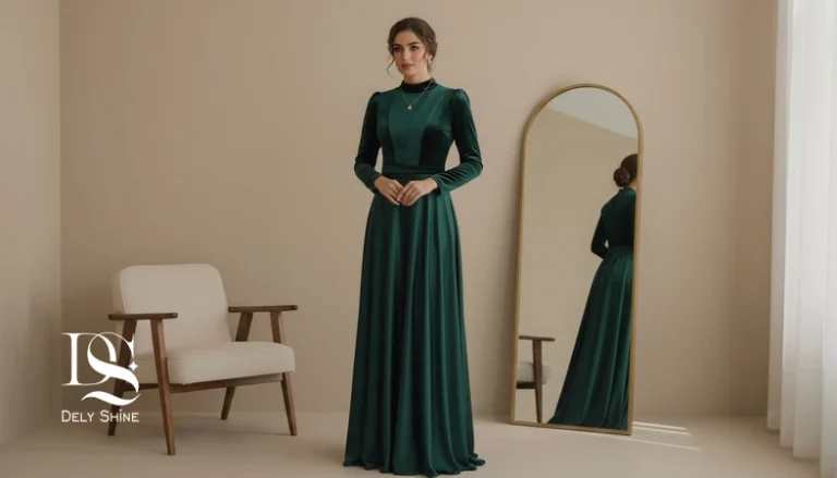 ترندهای لباس مجلسی با رویکرد دوام و استفاده مجدد؛ تصویر مدل با لباس شب مینیمال و پارچه باکیفیت در فضای داخلی لوکس