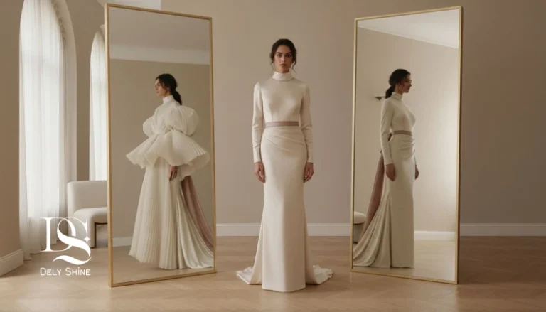 مقایسه ترندهای لباس مجلسی با انتخاب شخصی؛ مدل ایرانی با لباس مجلسی شیک در فضای مینیمال