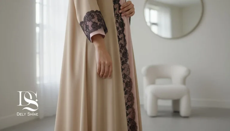 نمای نزدیک از پارچه و آستر لباس مجلسی با بافت ساتن و دانتل؛ نمایش تاثیر جنس پارچه بر حس بدن هنگام پوشیدن لباس