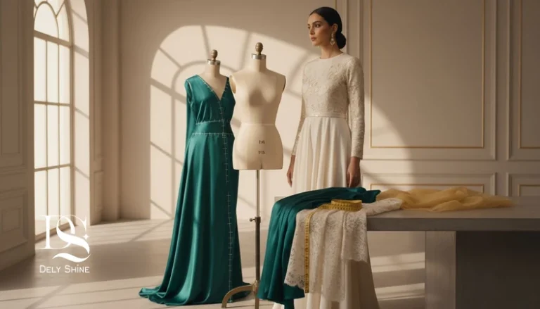 زن در آتلیه کنار مانکن و نمونه پارچه مجلسی؛ نمایش مراحل دوخت سفارشی، الگو، پرو لباس و کیفیت دوخت