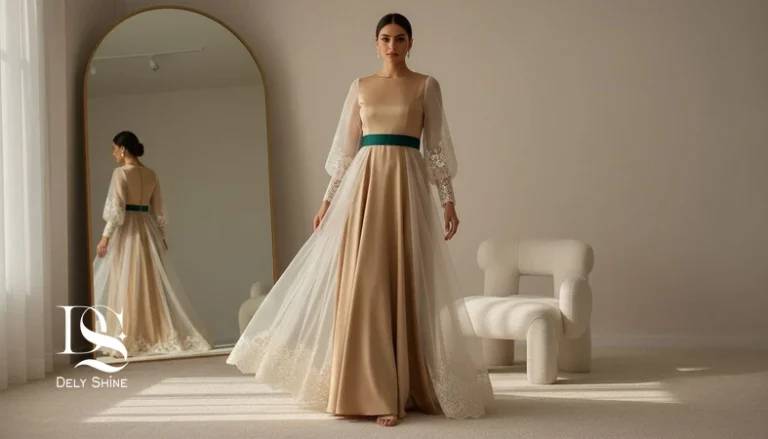 تصویر ادیتوریال مینیمال از لباس مجلسی با فیت لباس دقیق روی بدن واقعی و نمایش بافت پارچه‌های نو و کیفیت دوخت