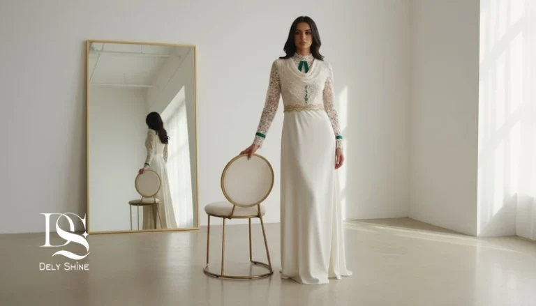 مدل لباس مجلسی پوشیده و مدرن با حس بومی‌سازی ترند جهانی برای استایل ایرانی، با تاکید بر انتخاب پارچه و فیت لباس