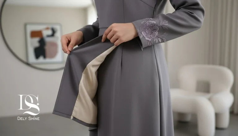 نمای نزدیک از آستر و دوخت داخلی لباس مجلسی با تمرکز بر نشانه‌های کیفیت پنهان مثل تمیزی درزها و زیپ صاف