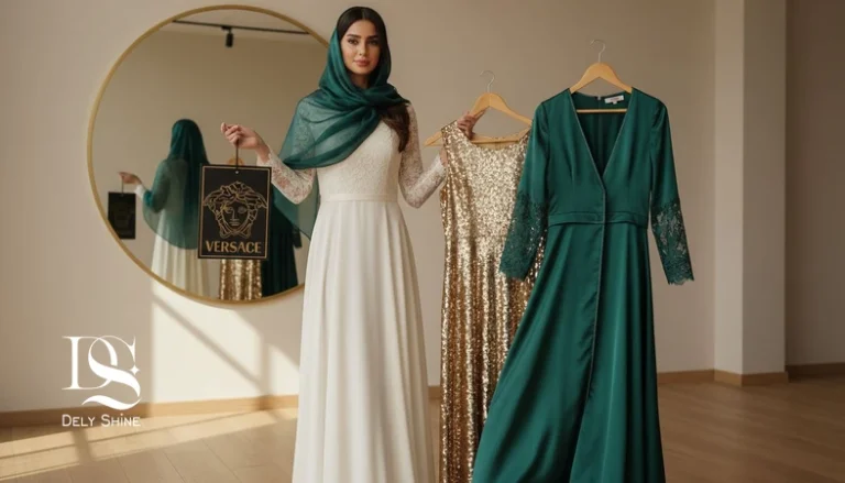 مقایسه قیمت و کیفیت واقعی لباس مجلسی؛ مدل ایرانی در فضای مینیمال دو لباس با برچسب قیمت و جزئیات دوخت را بررسی می‌کند