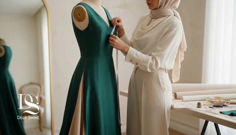 پشت صحنه مزون دوزی و دوخت سفارشی؛ طراح در حال پرو لباس مجلسی ساتن با آستر و جزئیات کیفیت دوخت