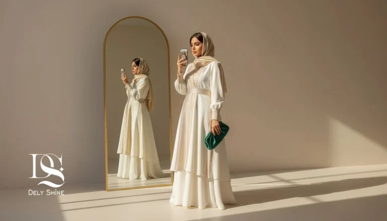 مقایسه استایل اینستاگرامی با واقعیت؛ زن با لباس مجلسی در آینه و نور طبیعی برای نشان دادن تفاوت فیت و پارچه