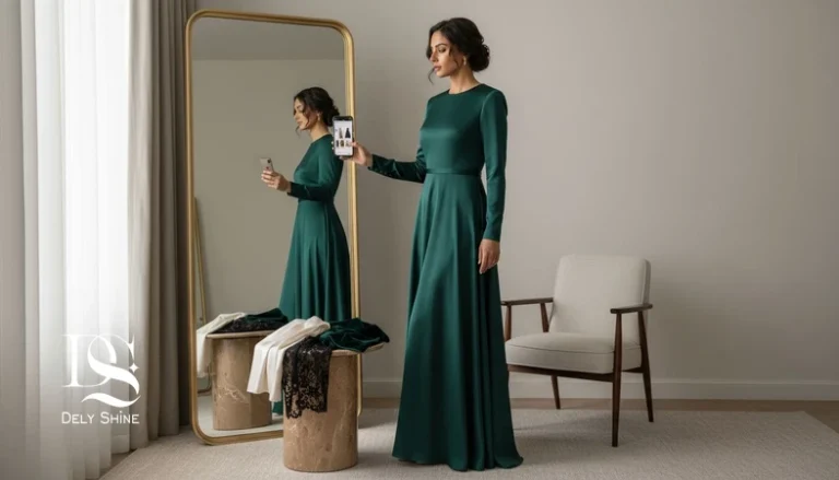 خرید آنلاین لباس مجلسی با بررسی فیت، پارچه و دوخت؛ تصویر زن ایرانی کنار آینه با موبایل و سواچ پارچه