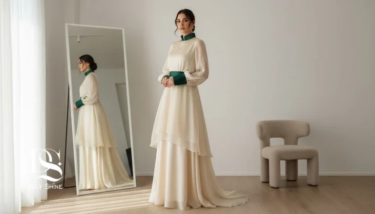 استایل مهمانی زنانه با لباس مجلسی شیک و مینیمال، انتخاب لباس بر اساس شخصیت و فیت دقیق در فضای داخلی روشن