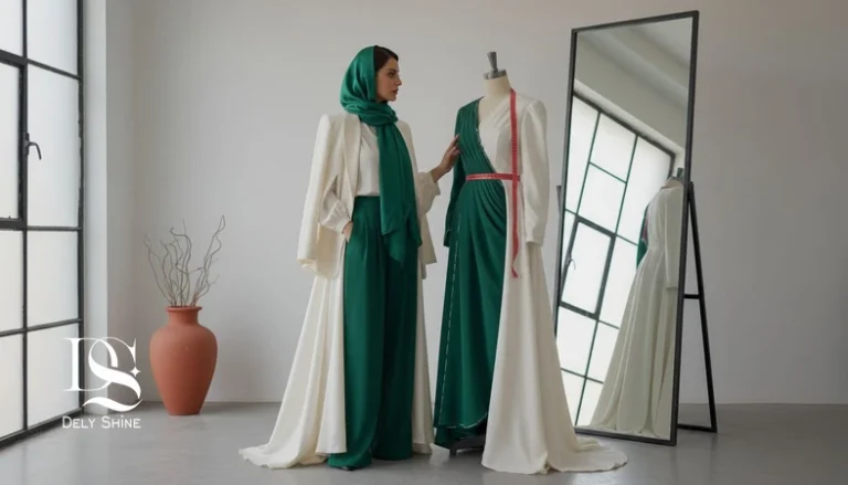 زن ایرانی در حال بررسی فیت لباس مجلسی قبل از خرید با متر و مانکن؛ راهنمای پیش‌بینی نشستن لباس بر اساس الگو و پارچه