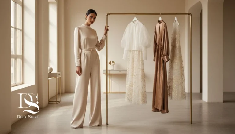 تصویر فشن ادیتوریال از لباس‌های ترندی فصلی در کنار کمد مینیمال؛ نمادی از کوتاه‌عمر بودن ترندهای مد و انتخاب آگاهانه لباس مجلسی