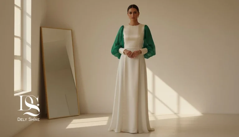 زن با استایل مجلسی مینیمال که ترند فصلی را با جزئیات سبز زمردی در لباس ترکیب کرده است