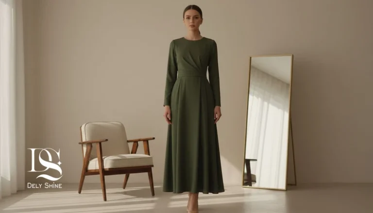 استایل لباس رسمی زنانه برای مهمانی خانوادگی با پیراهن میدی کرپ خوش‌افت در فضای داخلی مینیمال