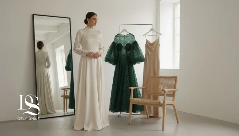 تطبیق ترند لباس مجلسی با فرم بدن؛ مدل ایرانی با دو سیلوئت متفاوت و پارچه ساتن و ارگانزا در فضای مینیمال