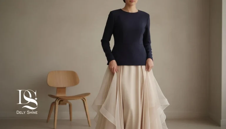 لباس مجلسی با پارچه باکیفیت که برای آموزش دلایل از فرم افتادن لباس و نکات نگهداری صحیح نمایش داده شده است