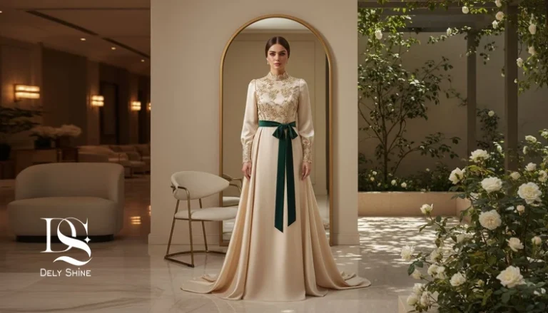 تصویر فشن ادیتوریال از زن با لباس مجلسی که تفاوت تناسب لباس در موقعیت های مختلف (شب تالار و روز فضای باز) را نشان می دهد.